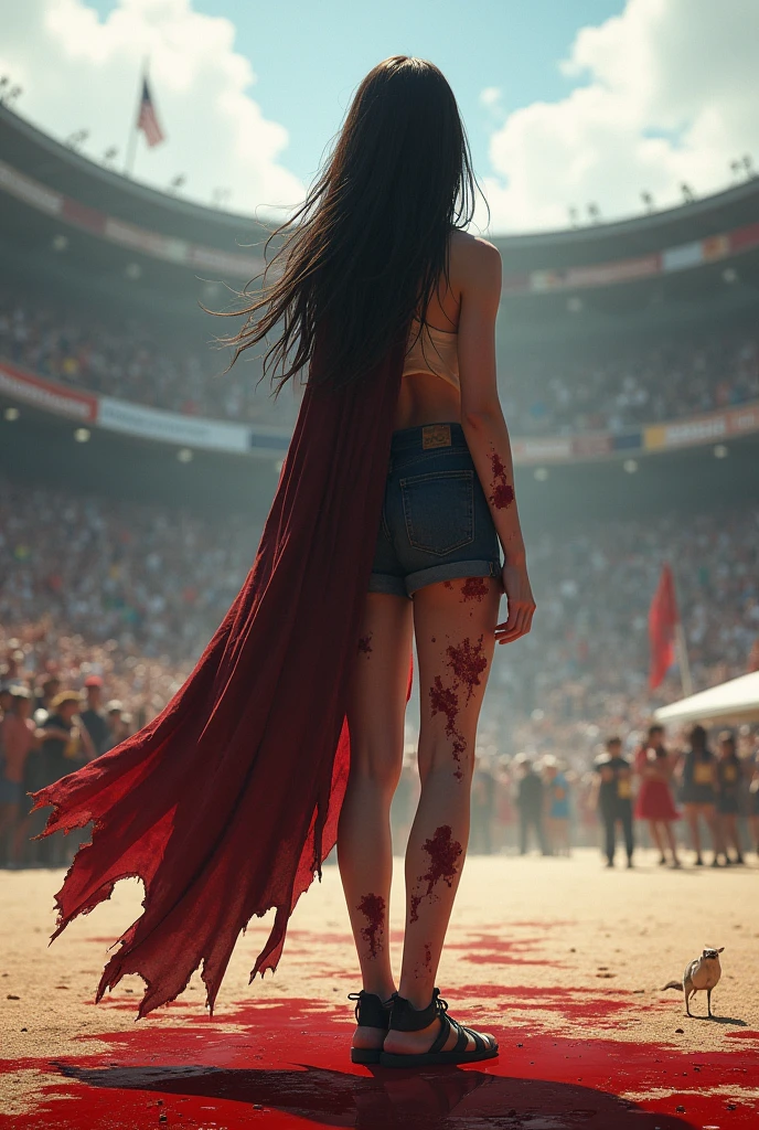 22 year old girl with long black hair, Dressed in a torn cloak and covered in blood, she stands with her back turned in the middle of a tournament field where everyone sees her., Realistic digital art Everyone looks at the girl