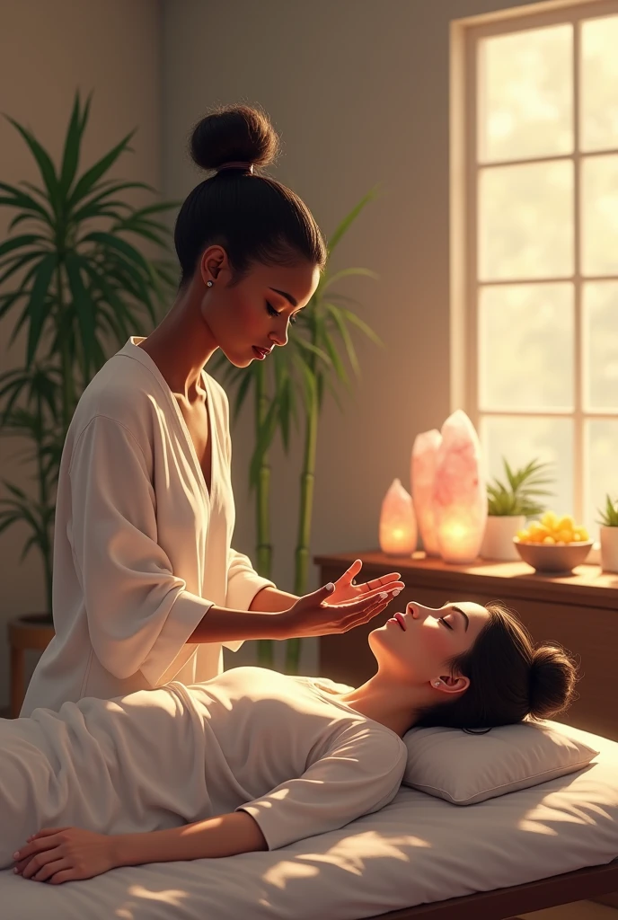 Black woman with short ponytail and quiff doing reiki without touching the body to white woman lying on a stretcher in an office with bamboo quartz, salt lamps