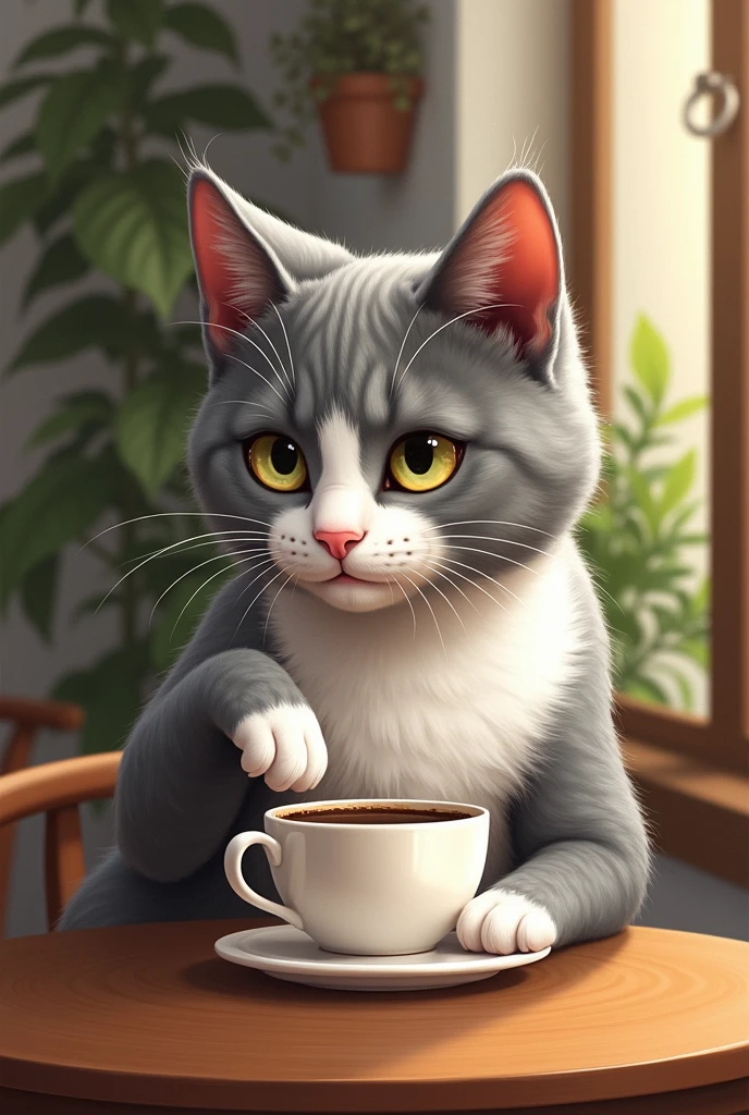 Cat drinking coffee in a coffee shop、art [By Esau Andrews]、A little more matte、Feels close to the real thing、American Shorthair、grey