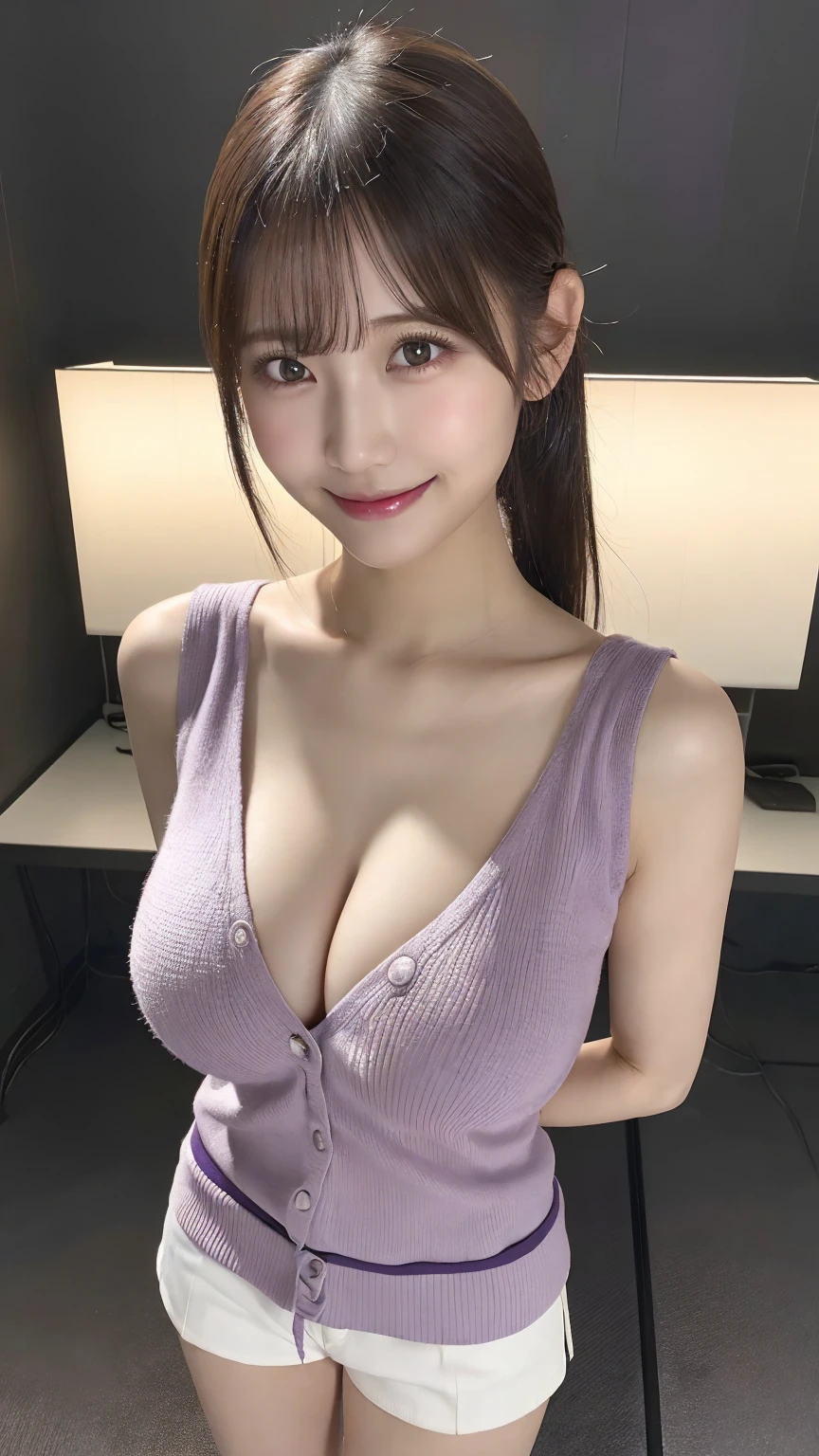 Ultra-realistic), (An illustration), (High resolution), (8k), (Very detailed), (最高のAn illustration),(Raw photo, Best Quality), (Realism, Photorealistic:1.4), Mastepiece, Very delicate and beautiful, Extremely detailed, 2k wallpaper, amazing, Fine details, Very detailedなCGユニティ8kの壁紙, Super detailed, High resolution, Beautiful detailed girl, Very detailedな目と顔, Beautiful detailed nose, Beautiful detailed eyes,Cinematic Lighting,Perfect Anatomy,Perfect promotion,(A shy smile, Beautiful Face), ((Perfect Legs, Perfect legs, Perfect hands, Perfect hands指, Perfect Arms, A shy smile, The mouth is perfect)), Looking straight at the camera, Bangs and ear bangs、necklace、 (((Cute Japanese girl wearing white shorts)))、 (((A beautiful 20 year old Japanese girl wearing a purple sleeveless sweater))), (((H cup big breasts)))、(((Bursting Busty!!!!!!!!!))) (((Huge boobs!!!!)))、((Huge breasts))、(((Attractive big breasts!!!!!!))), ((((Full body writing)))), ((((Ponytail Hair)))), ((Solo Photo)), ((Black Hair)), ((((Beautiful smile)))), (Slender body), ((Standing indoors in a seductive pose)), ((Emphasis on cleavage))