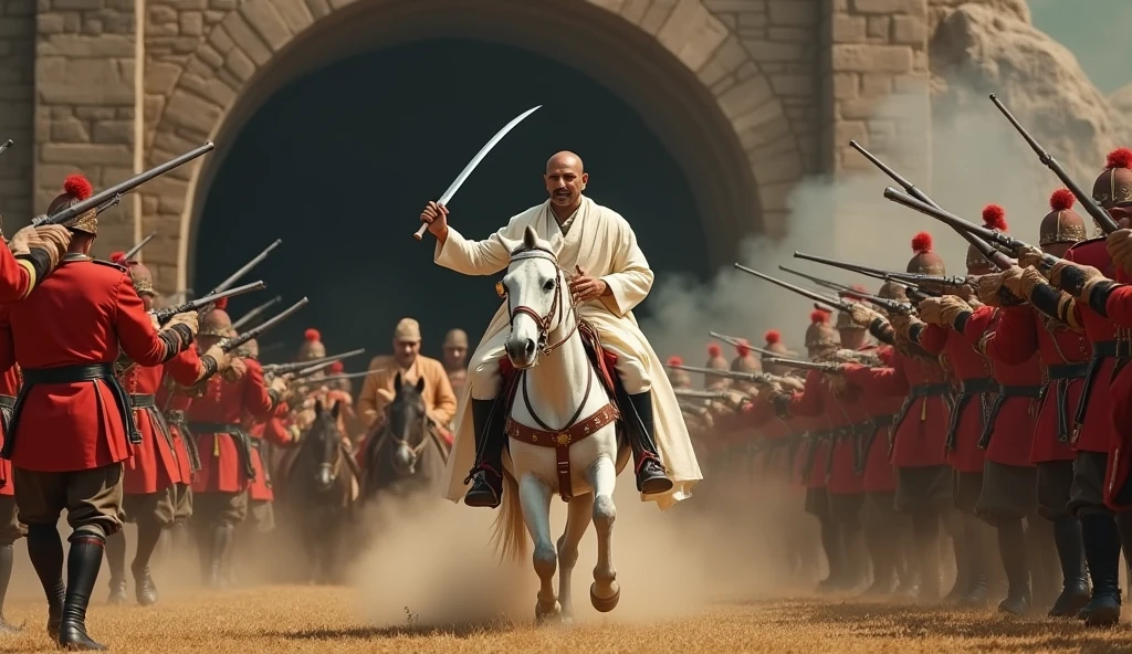 18th century Tipu Sultan of Mysore with bald head and twisted  thin moustache with clean shaven chin and head wearing a silky white gown holding a turkish  arched steel sword in right hand riding a white horse surrounded  by his soldiers  emerging from 8 feet dark stone arched Indian tunnel charging towards the British soldiers in red uniform who are targeting and firing with muskets in cinematic UHD landscape resolution