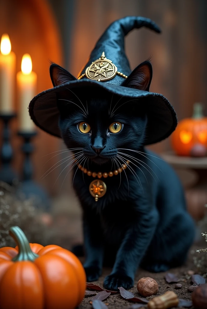 a cute black cat wearing witch'shat, in the style of dark amber and, hyper-detailed portraits, gothic fairytales, ethereal landscapes, hat, no humans, witch hat, cat, candle, animal focus, animal, pumpkin, indoors, black headwear, wiccan artifacts, hyper-detailed,ultra-realistic, 8k,ultra-realistic, hyper-detailed, 32k uhd, Background is witches room and magic room