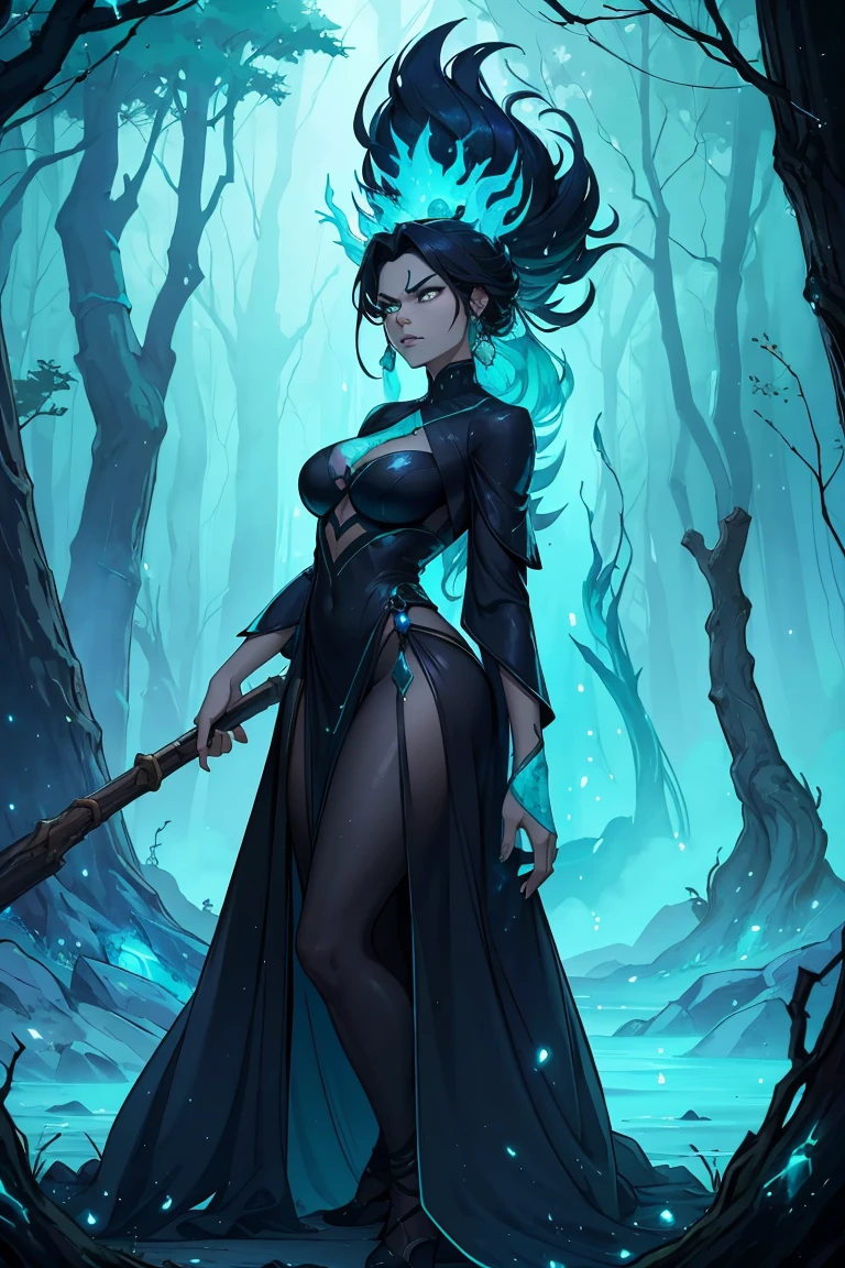 Maokai if he were a woman in life, tree, dark islands, mist, beautiful garment, wooden ornament, blue aura, nature spirit, consumed by anger, embodies vengeance, wicked, angry face, sparkling turquoise eyes, black outfit with turquoise sparkles.