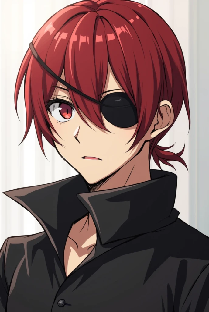 Draw a butler with red hair tied back and an eyepatch on one eye to make him more human, make him a young man with an eyepatch on only one eye, make him look more like an anime character, make him a young man around high school age, don't make him cute, he's a man, that looks good, keep it as it is, make his hair a little shorter, don't make him cute, give him cold eyes, make him a man around high school age