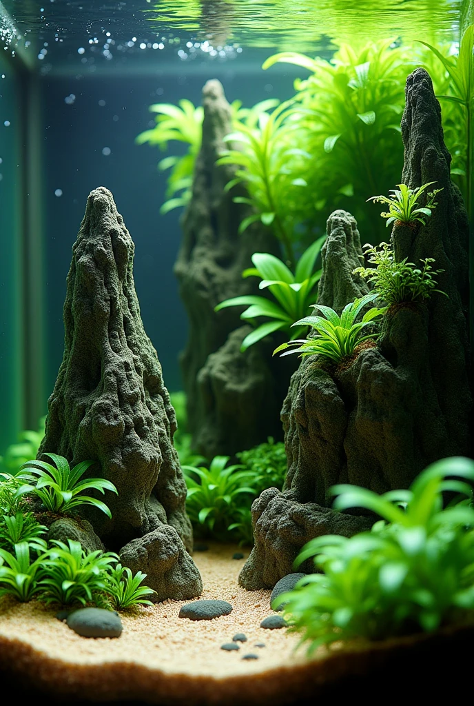 Aquascape with dragon rock with lots of anubias and low tech plants in a 5 gallon tank