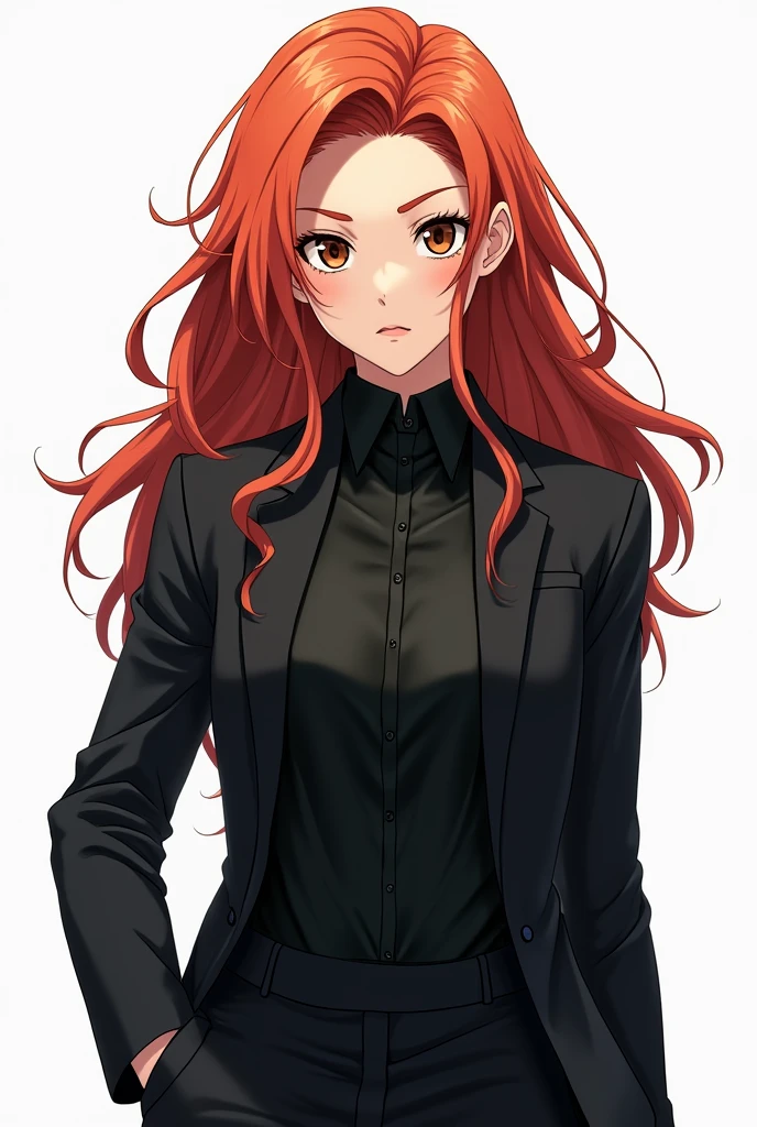 a strong redhead woman, with a black suit and tangled hair. she has a calm expression and browon eyes. Anime style