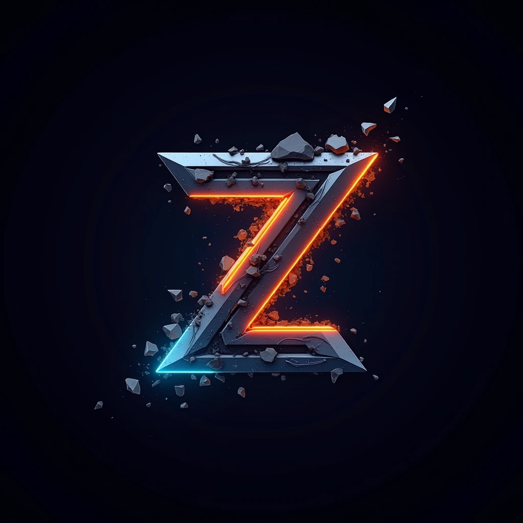 Design a futuristic and dynamic 3D logo featuring a letter (such as 'Z') with sharp edges and geometric patterns. The letter should appear as if it is shattering or disintegrating, with fragments breaking away in various directions. Incorporate glowing neon lines (in colors like orange and blue) running through the letter to give it an energized and high-tech look. The background should be dark, allowing the bright elements of the logo to stand out vividly. Add a subtle waveform pattern to enhance the sense of motion and energy.