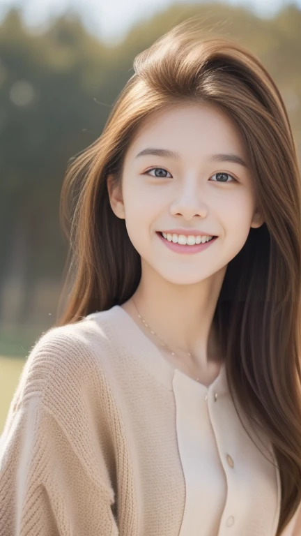 age girl alone、a smile、Turn around、American Fashion、female high-school student、Red-brown hair、Hair fluttering in the wind、The upper part of the body、There is light、cute little、An ultra-high picture quality、top-quality、​masterpiece