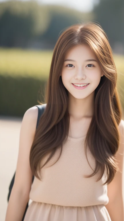 Teenage girl alone、a smile、Turn around、American Fashion、female high-school student、Red-brown hair、Hair fluttering in the wind、The upper part of the body、There is light、cute little、An ultra-high picture quality、top-quality、masterpiece