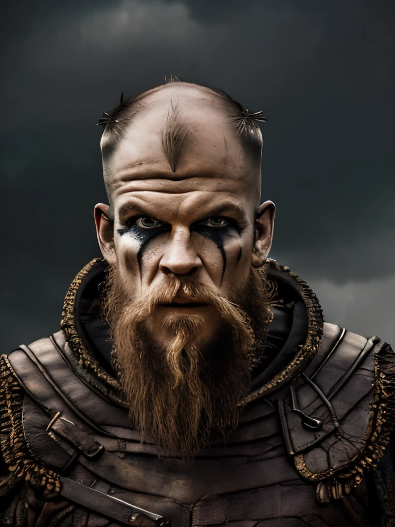 Half Body portrait. A highly detailed and hyper-realistic depiction of a viking Warrior, Floki, ((skinny Body)), with scars and wrinkles on her face. The character is surrounded by mist, evoking a mysterious and eerie atmosphere. The lighting is dark and atmospheric, with a red smoke adding a touch of sinister ambiance. The image is of the best quality, with a resolution of 4k and HDR enhancement, showcasing the utmost level of detail and realism, sfw. (((Thunder background))