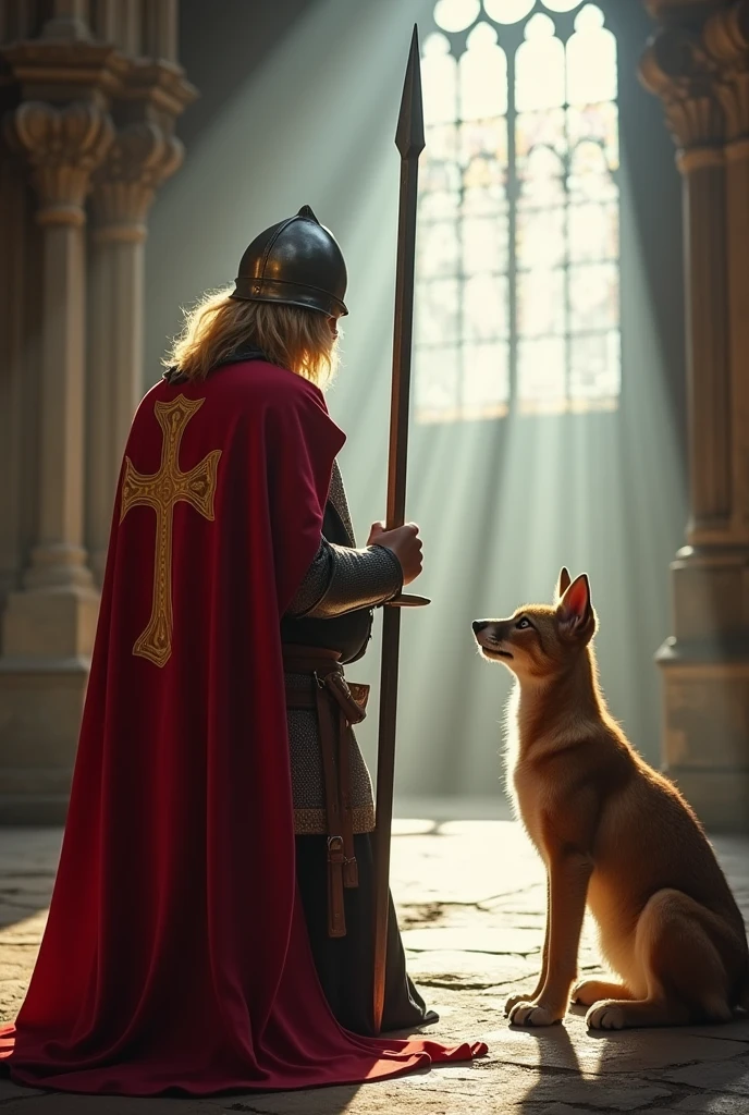 Image médiéval-fantastique d'un guerrier templier à genoux devant l'autel d'une cathédrale. Il ne porte pas de casque mais a des cheveux longs et blonds. Il porte une cape rouge sur laquelle figure le dessin brodé d'une croix chrétienne en couleur dorée. Il a les mains jointes, en train de prier. D'intenses rayons de lumière pénètrent les vitraux en direction du guerrier. Il porte une épée imposante. Face à lui se tient un loup qui l'observe intrigué. 