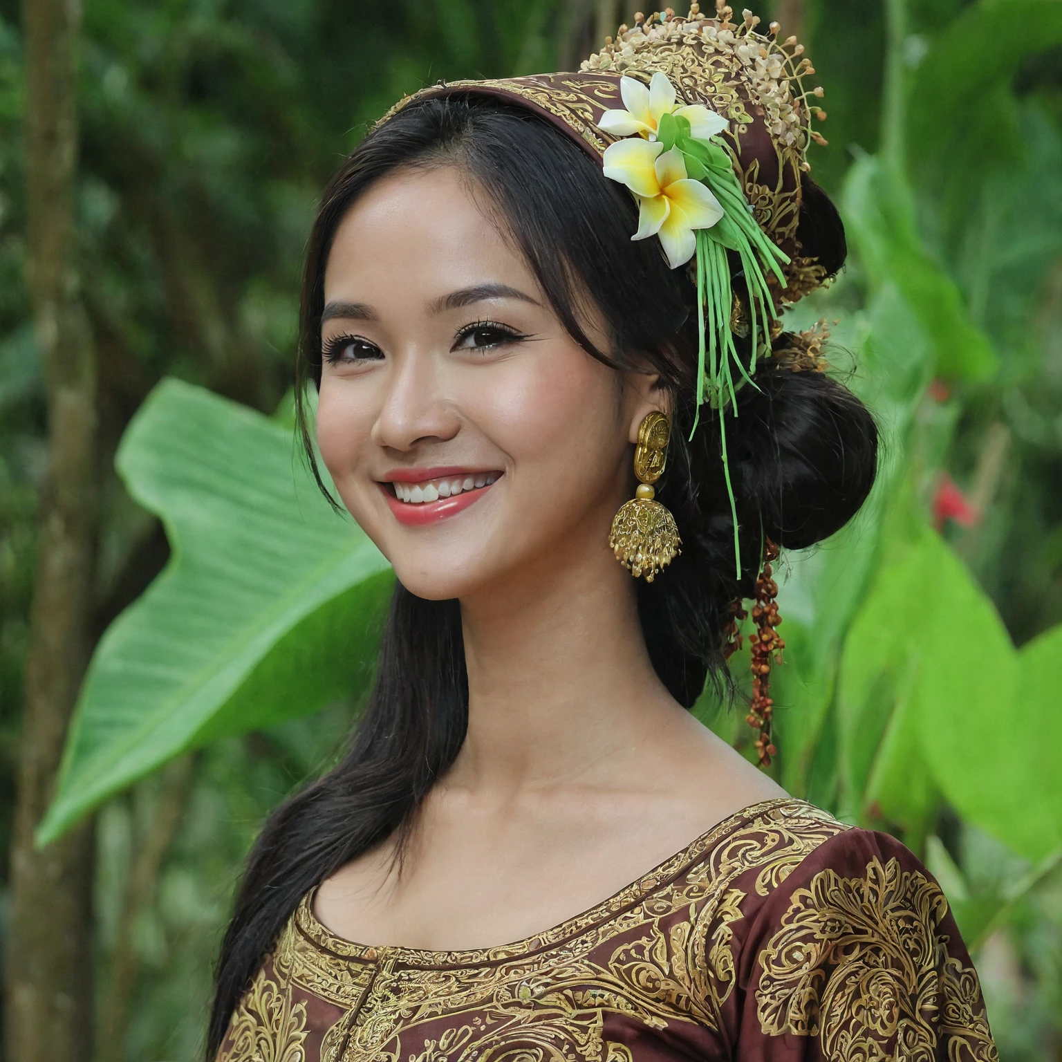Asian girl, beauty face, smile face, Javanese dress, village, single,sexy pose