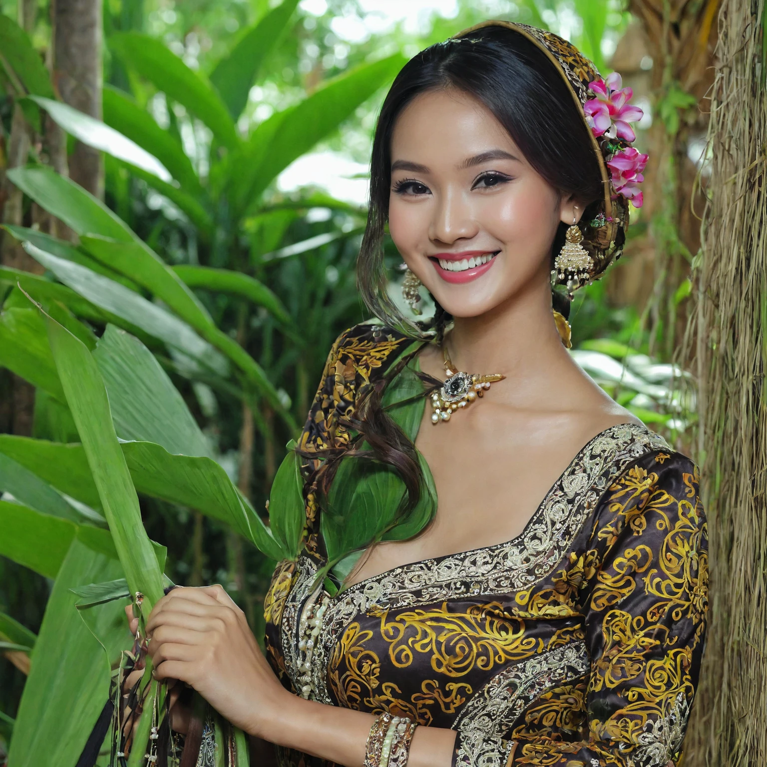 Asian girl, beauty face, smile face, Javanese dress, village, single,sexy pose