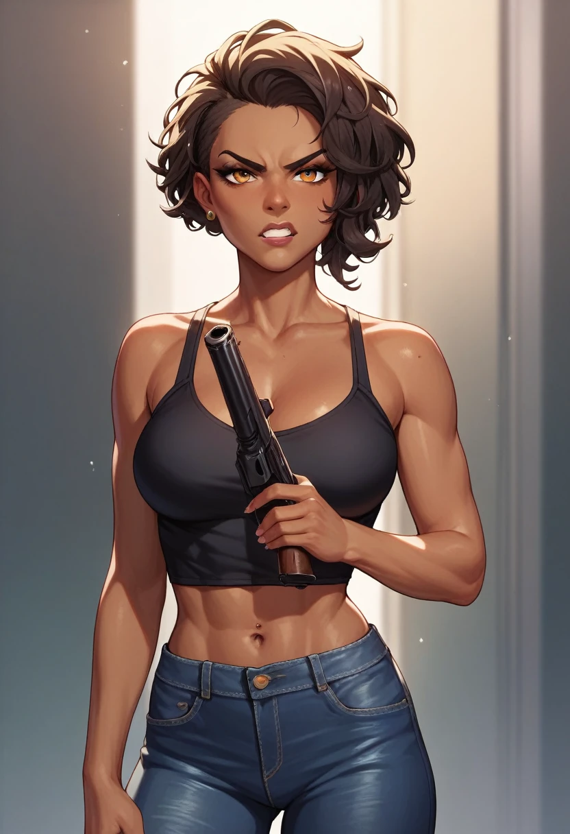 dark skin woman hold gun  aim angry at you