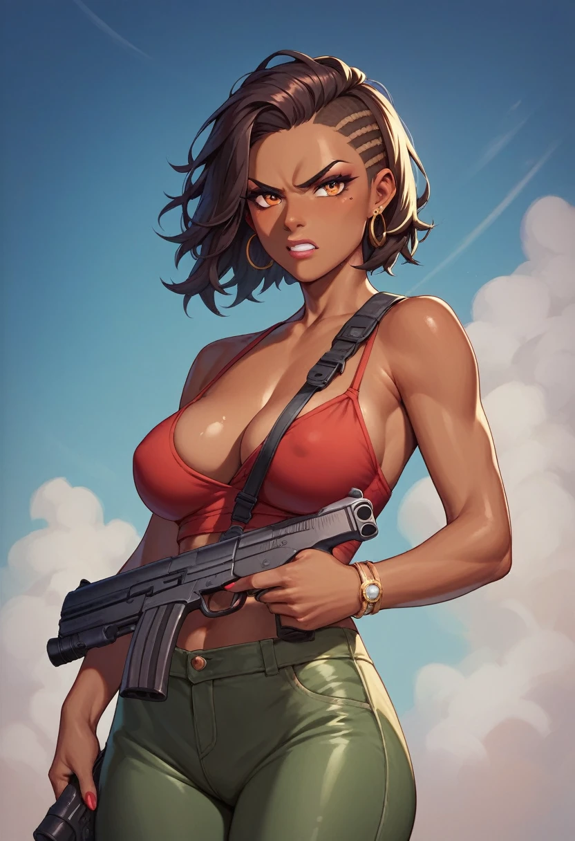 dark skin woman hold gun  aim angry at you