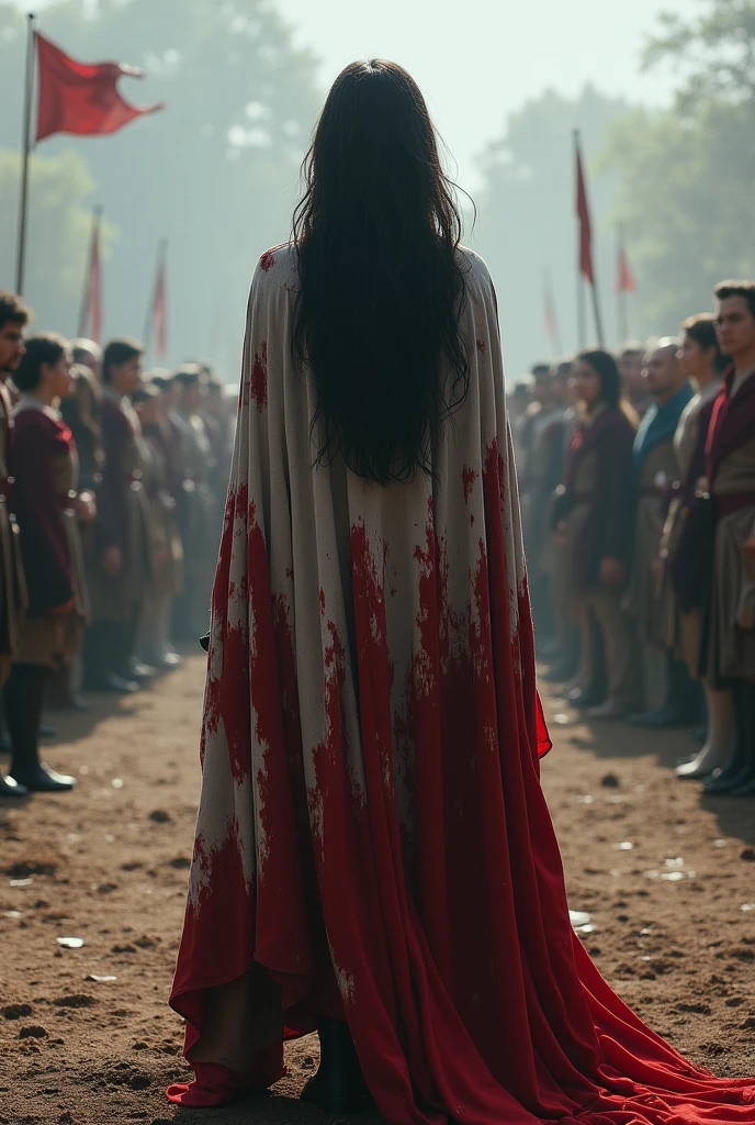 22 year old girl with long black hair, Dressed in a torn cloak and covered in blood, she stands with her back turned in the middle of a tournament field where everyone sees her., Realistic digital art Everyone looks at the girl