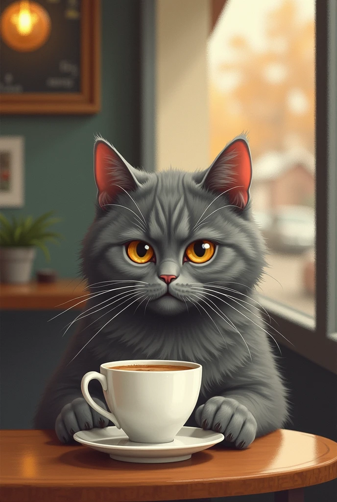 Cat drinking coffee in a coffee shop、art [By Esau Andrews]、A little more matte、Feels close to the real thing、American Shorthair、grey、A little further away。