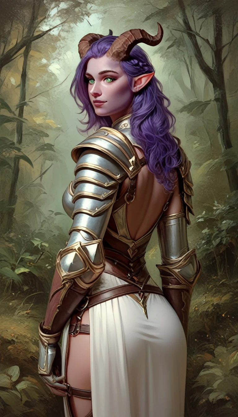 A fat purple-skinned tiefling female，Brown horns，Purple hair，Green eyes，3/4. Body，Behind it is a wood，Warrior Outfit，Red and white armor