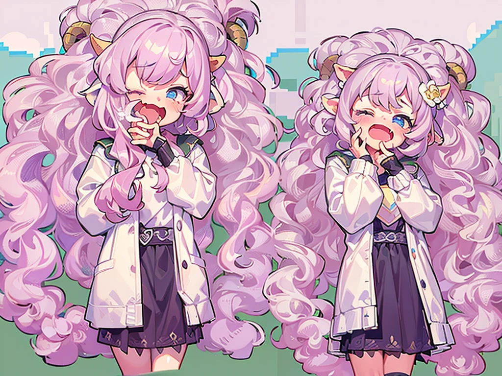 masterpiece, Highest quality, 8k, Pixel Art, cute, Vivid, Sheep, young woman, crying with eyes open, ((@ @:1.3)), I&#39;m worried, Open your mouth, Looking at the map, Full body portrait, (Fluffy pink hair:1.3, Long Hair, Hair like sheep's hair), (Thick eyebrows), one piece, Pink clothes, Long skirt, cardigan, 水色のcardigan, shoes, 茶色いshoes, Metropolis, I&#39;m lost, carry case