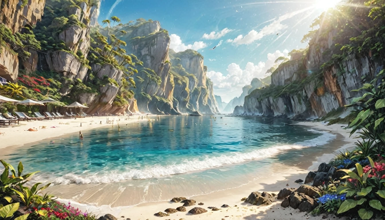 Ultra-realistic water splashes, Summer Beach、(ultra-Detailed Background, Detailed Background), Absurd, High resolution, Super detailed, Very detailed,shine,Complex、