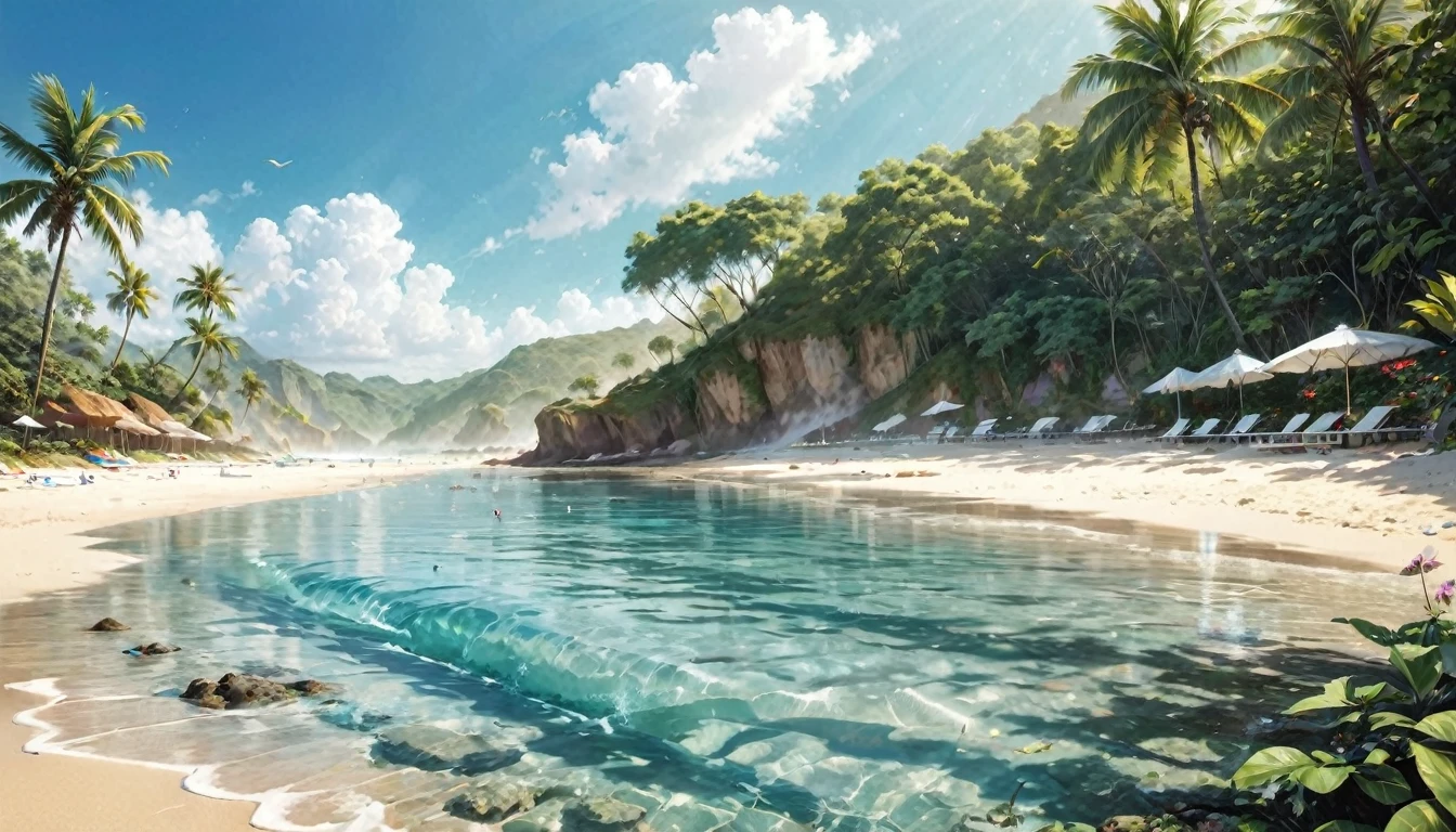 Ultra-realistic water splashes, Summer Beach、(ultra-Detailed Background, Detailed Background), Absurd, High resolution, Super detailed, Very detailed,shine,Complex、