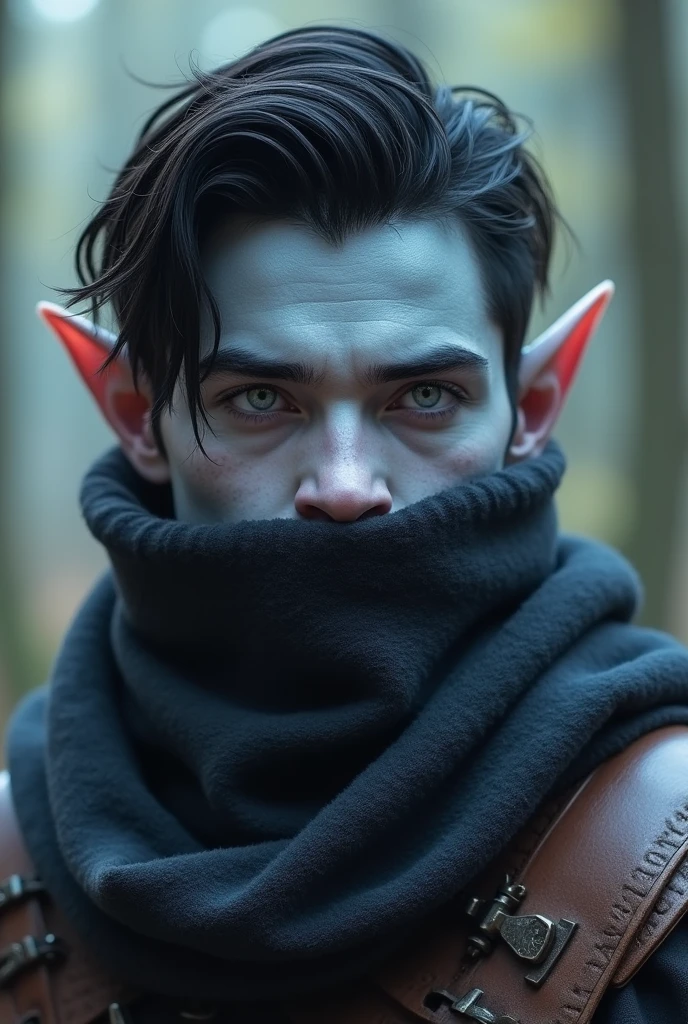Low elf male with grey-blue skin, with silver eyes, black hair, the face is unremarkable and covered with a scarf, dressed in light leather armor.