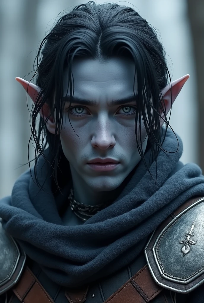 Low elf male with grey-blue skin, with silver eyes, black hair, the face is unremarkable and covered with a scarf, dressed in light leather armor.