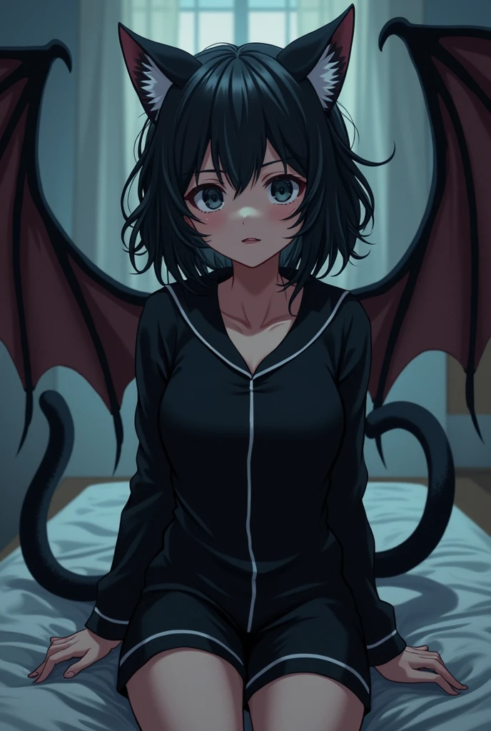 As an image of my hero academia the character is female and . His hair is black and must be wavy and somewhat disheveled., falling to a little below the shoulders. Her eyes will be black and she will have an assimilation of the character Toga Himiko.
He will have white and black bat wings and a black cat tail..
Dress the character in black pajamas