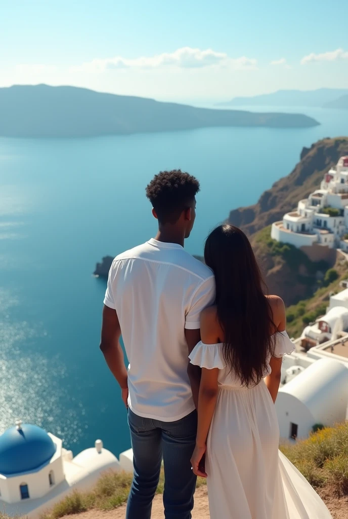 Back view of a couple, tall black boy in white shirt, long haired girl in off-shoulder dress, Santorini, ocean view, boy is A, girl is J
