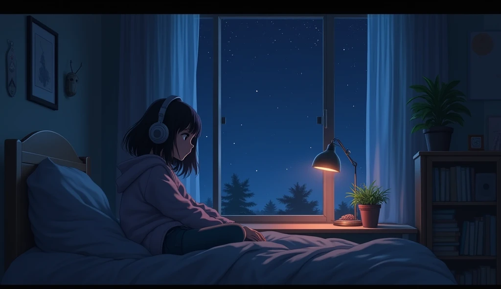 night、Girl listening to music in a cozy room, Using headphones, 2D-style animation, Lo-Fi, hard disk, Dark Environment、Makoto Shinkai style