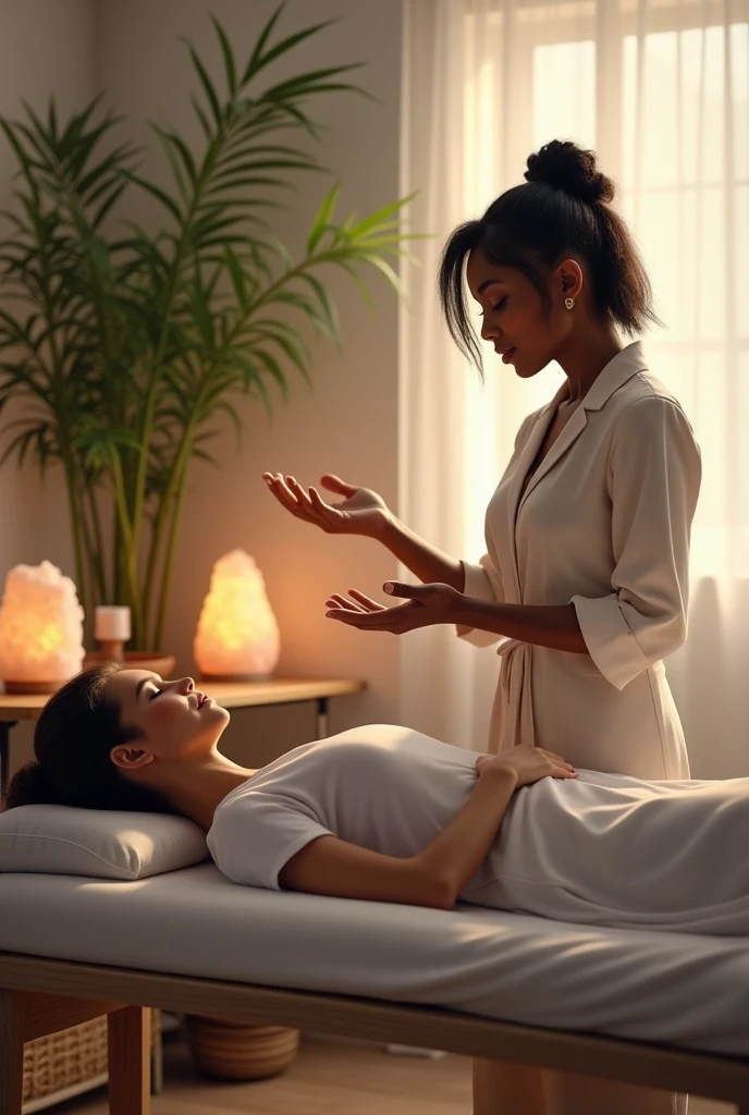 Black woman with short ponytail and quiff doing reiki without touching the body to white woman lying on a stretcher in an office with bamboo quartz, salt lamps