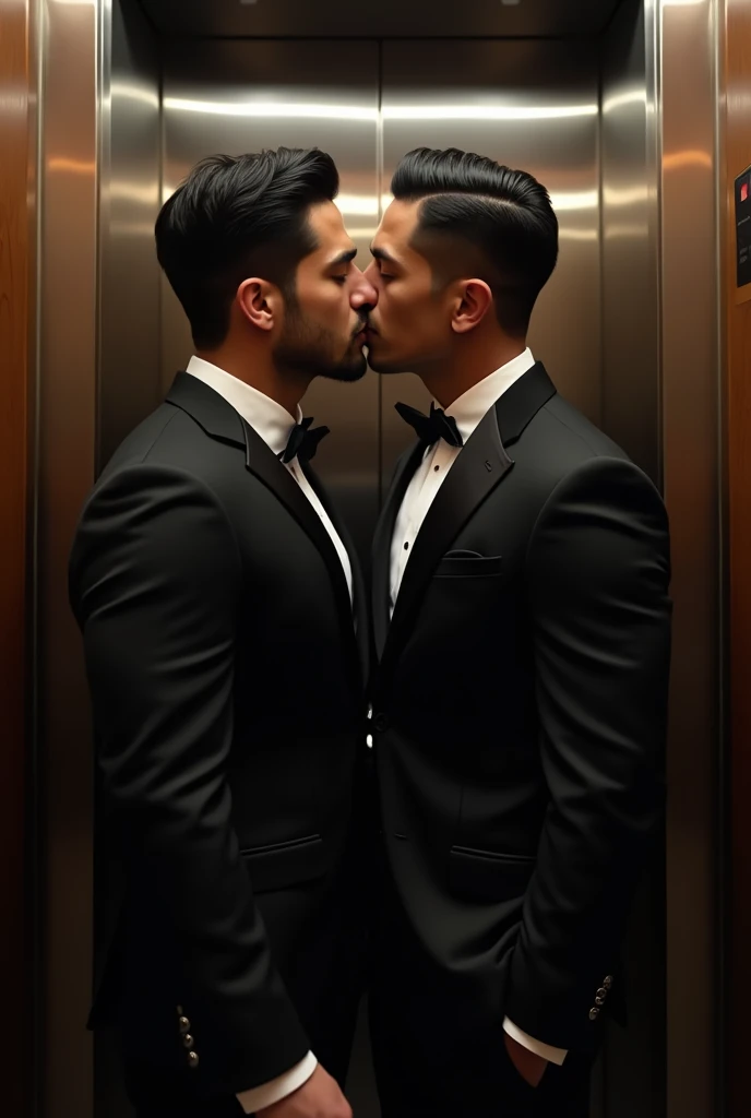 two men, two males, hyper realistic image of extremely handsome 30 year old filipino man, mature features, wearing a fancy suit, kissing a handsome 30 year old muscular filipino man wearing a fitted black suit, in an enclosed elevator, sex from behind, standing sex, perfect face, front view, full body, fill frame, zoomed out, highly detailed, intricate details, sharp focus