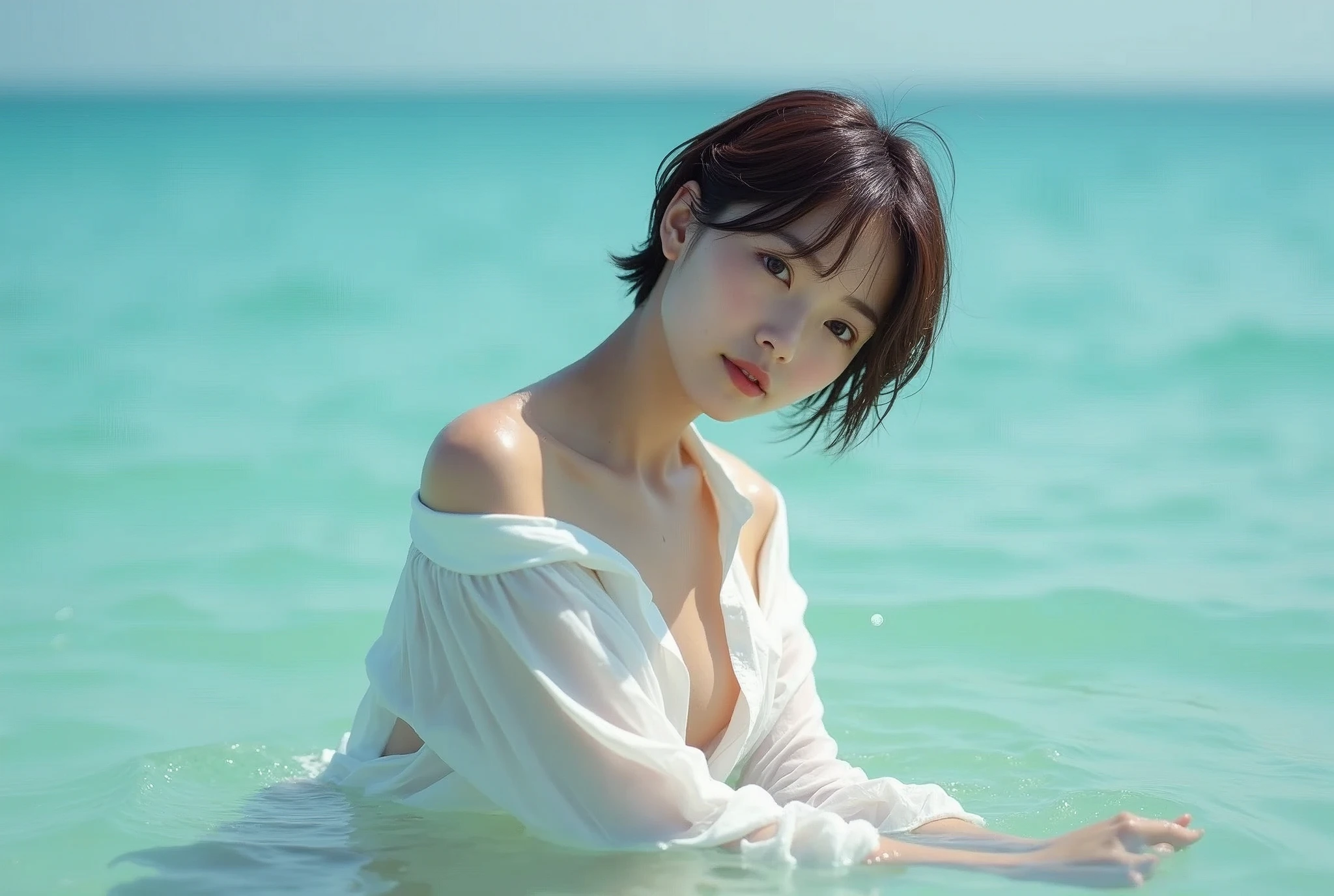 8k,RAW photo, ultra high res, realistic photo, Under bright sunlight, featuring a skinny young Japanese singer not wearing makeup and very small breast, with pixie brown hair, sun tanned skin, leaning backward in the blue sea, wearing a low-cut white airy relaxing wet long shirt, she is soaking up to her waist, looking at camera, the collar of shirt slipped down from one side, leaving her chest loose. her nipples slightly visible through the shirt, seducing smile, nsfw

