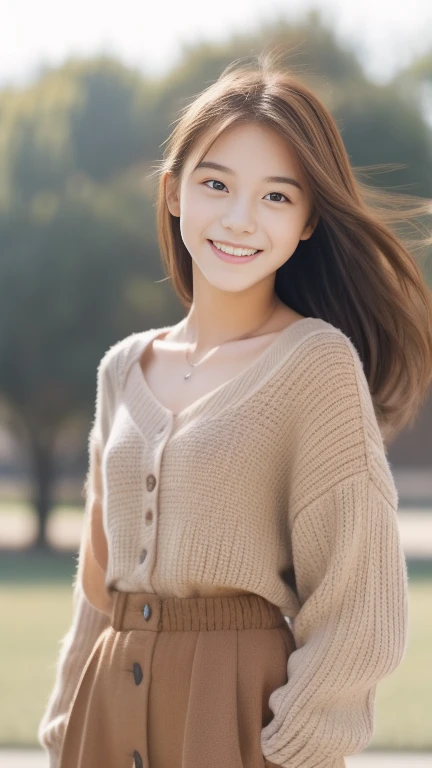 Teenage girl alone、a smile、Turn around、American Fashion、female high-school student、Red-brown hair、Hair fluttering in the wind、The upper part of the body、There is light、cute little、An ultra-high picture quality、top-quality、masterpiece