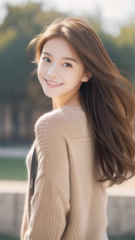 age girl alone、a smile、Turn around、American Fashion、female high-school student、Red-brown hair、Hair fluttering in the wind、The upper part of the body、There is light、cute little、An ultra-high picture quality、top-quality、masterpiece