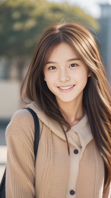 Teenage girl alone、a smile、Turn around、American Fashion、female high-school student、Red-brown hair、Hair fluttering in the wind、The upper part of the body、There is light、cute little、An ultra-high picture quality、top-quality、​masterpiece