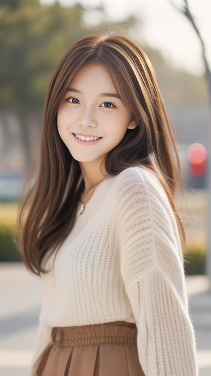 Teenage girl alone、a smile、Turn around、American Fashion、female high-school student、Red-brown hair、Hair fluttering in the wind、The upper part of the body、There is light、cute little、An ultra-high picture quality、top-quality、masterpiece