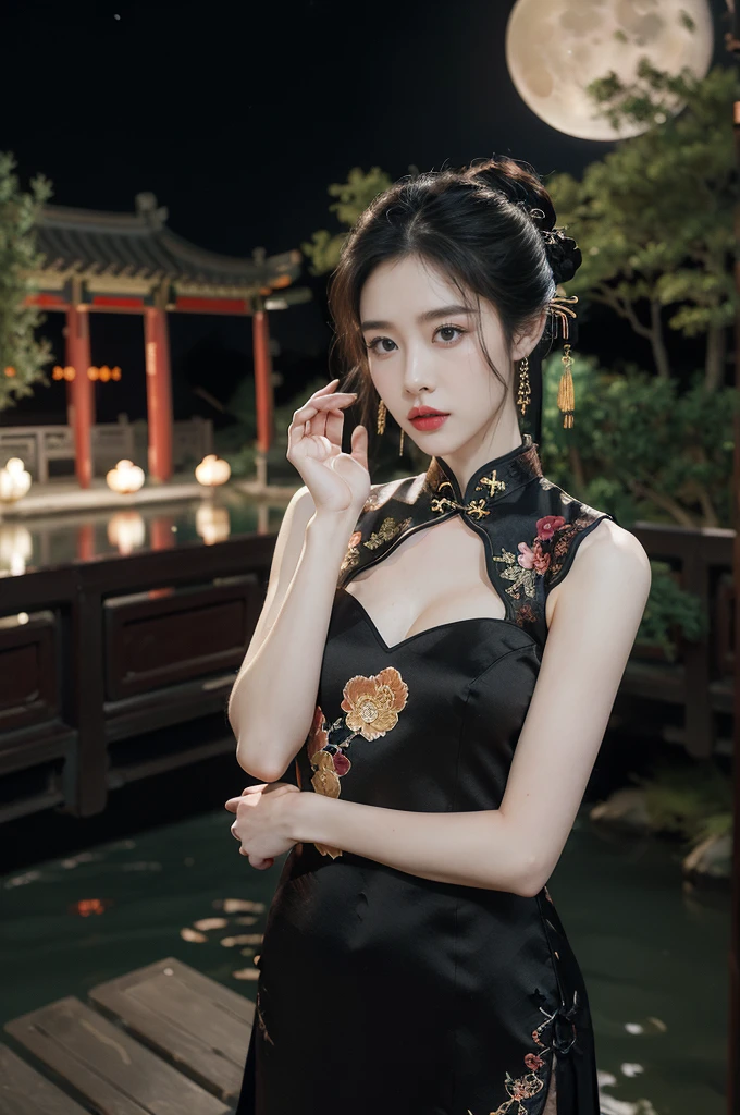 (((best quality))),(((ultra detailed))),(((masterpiece))),illustration,((1 beautiful girl,solo)),(bun hair:1.2),(Ghostly makeup:1.3),(fair skin:1.5),(red lips:1.2),(earrings:1.2),((slim,thin)),((small breasts,flat chest,cleavage)),(black floral embroidered lace sleeveless cheongsam:1.5),(thigh loop:1.3),(slender legs:1.2),(stockings:1.3),(standing:1.3),(hands behind head:1.5),(armpits:1.3),(A huge moon in the sky:1.3),(moonlit Chinese garden courtyard:1.3),(Ghost Festival:1.3),(Ghostly flames are drifting in the air:1.3),elegant and sophisticated,intricate patterns,curves,dark color,striking visual appeal,ethereal,enchanting,ghostly black blossoms,swaying branches,stone pathways,moss,eerie shadows,ancient pavilion,intricate wooden structure,mystery and intrigue,cicadas chirping,auditory symphony,embodiment of the festival's spirit,bathed in the moon's glow,delicate features,raven-black hair,waterfall of darkness,moon's luminance,captivating allure,sleek fabric,clung to frame,accentuating curves,highlighting beauty,striking appearance,ethereal beauty,hauntingly beautiful scene,captured essence,blend of beauty and mystery,(night scene:1.3),((from front,upper body))