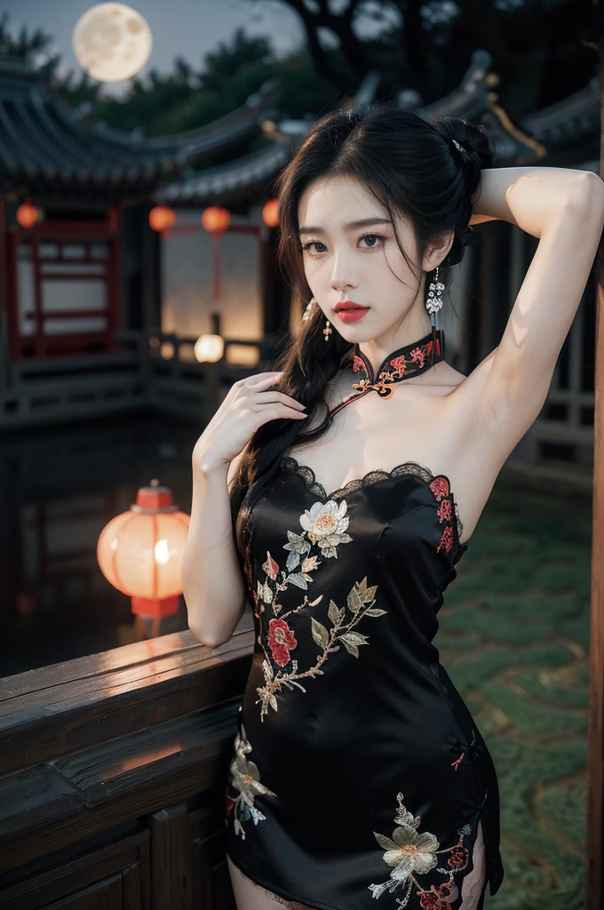 (((best quality))),(((ultra detailed))),(((masterpiece))),illustration,((1 beautiful girl,solo)),(bun hair:1.2),(Ghostly makeup:1.3),(fair skin:1.5),(red lips:1.2),(earrings:1.2),((slim,thin)),((small breasts,flat chest,cleavage)),(black floral embroidered lace sleeveless cheongsam:1.5),(thigh loop:1.3),(slender legs:1.2),(stockings:1.3),(standing:1.3),(hands behind head:1.5),(armpits:1.3),(A huge moon in the sky:1.3),(moonlit Chinese garden courtyard:1.3),(Ghost Festival:1.3),(Ghostly flames are drifting in the air:1.3),elegant and sophisticated,intricate patterns,curves,dark color,striking visual appeal,ethereal,enchanting,ghostly black blossoms,swaying branches,stone pathways,moss,eerie shadows,ancient pavilion,intricate wooden structure,mystery and intrigue,cicadas chirping,auditory symphony,embodiment of the festival's spirit,bathed in the moon's glow,delicate features,raven-black hair,waterfall of darkness,moon's luminance,captivating allure,sleek fabric,clung to frame,accentuating curves,highlighting beauty,striking appearance,ethereal beauty,hauntingly beautiful scene,captured essence,blend of beauty and mystery,(night scene:1.3),((from front,upper body))