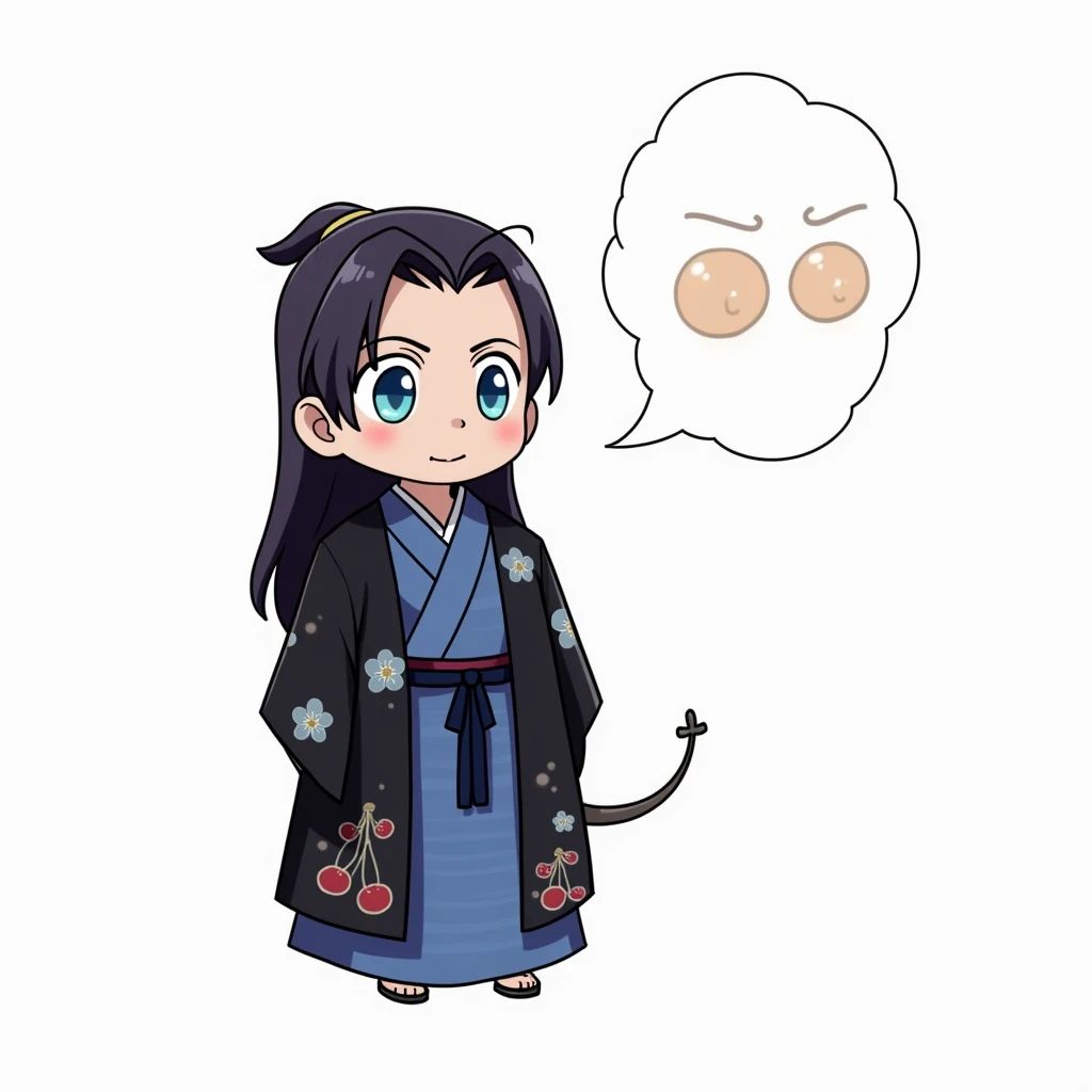 (handsome man with long black hair,Crystal Blue Eyes Japanese Dragon Hybrid,with tail and rounded horns like branches,black haori with sky blue cherry print,anime style blue scales )