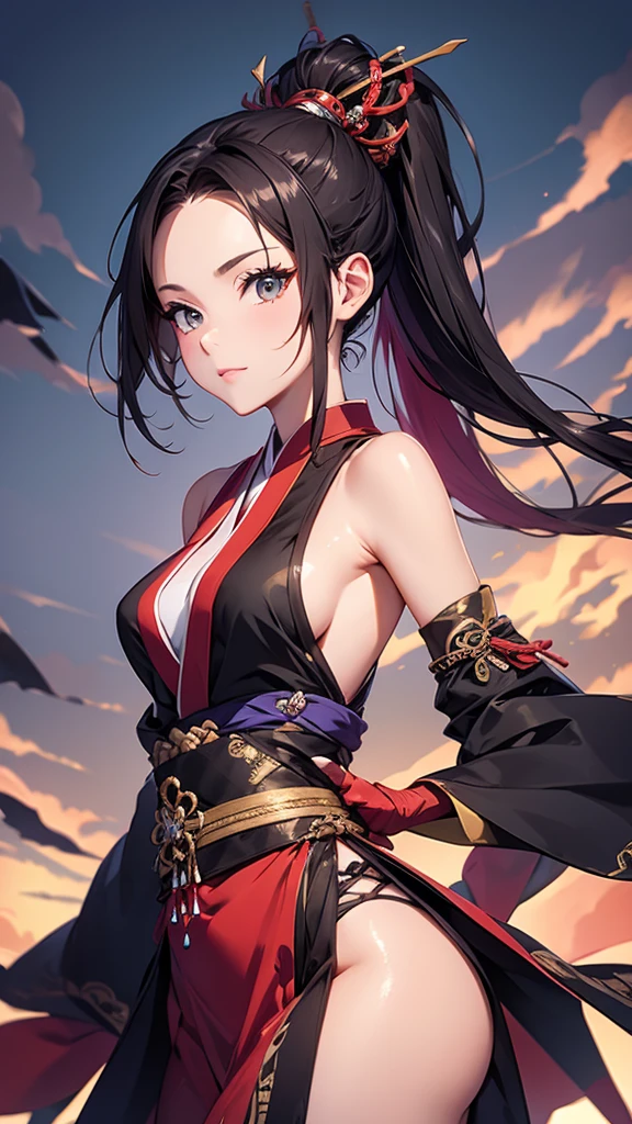 masterpiece,best quality,extremely detailed CG,ultra-detailed,1woman,ninja,elaborately designed japanese style clothes,skinny,ponytail,multicolored hair,open stance,serious,sleeveless,over-kneehighs,