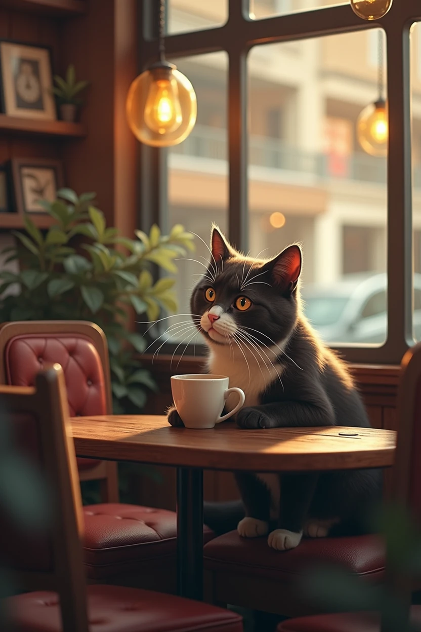 Cat drinking coffee in a coffee shop、art [By Esau Andrews]、A little more matte、Feels close to the real thing、Like the first one