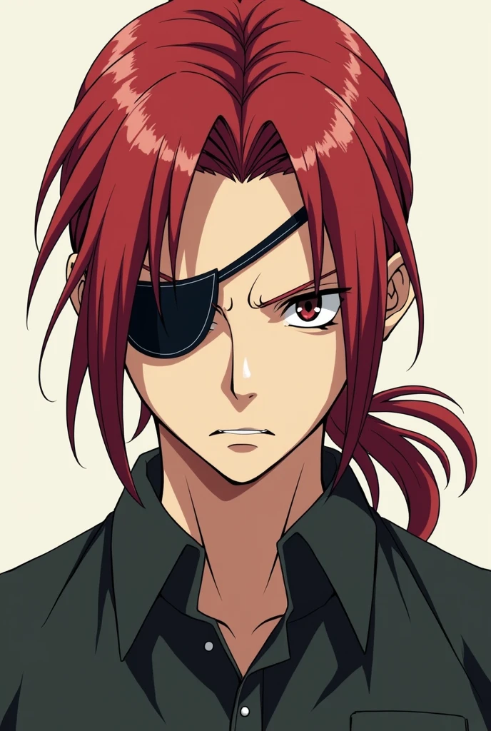 Draw a butler with red hair tied back and an eyepatch on one eye to make him more human, make him a young man with an eyepatch on only one eye, make him look more like an anime character, make him a young man around high school age, don't make him cute, he's a man, it looks good, make his hair a little shorter, don't make him cute, give him glaring eyes, make him a man around high school age