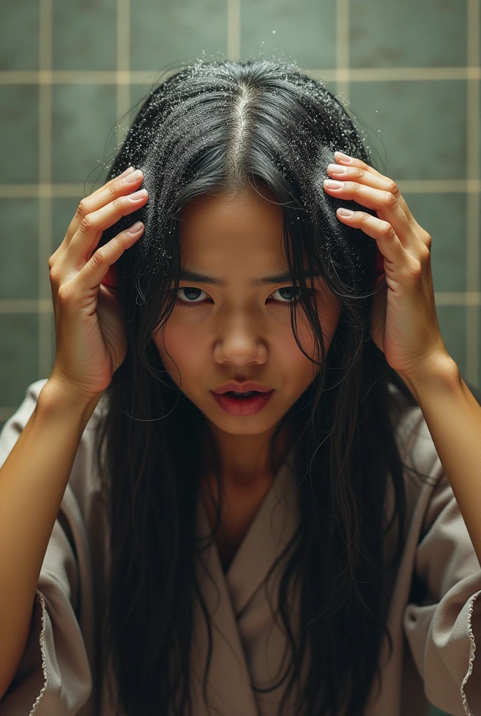 Create an Asian middle-aged beauty with long hair,Dress conservatively,Proud figure,Scratching the scalp with both hands,头顶上的A lot of dandruff,A lot of dandruff,Exaggerated and ferocious expression,The characters are realistic and realistic,Bathroom Background,9:16 frames,Ultra-high-definition picture quality