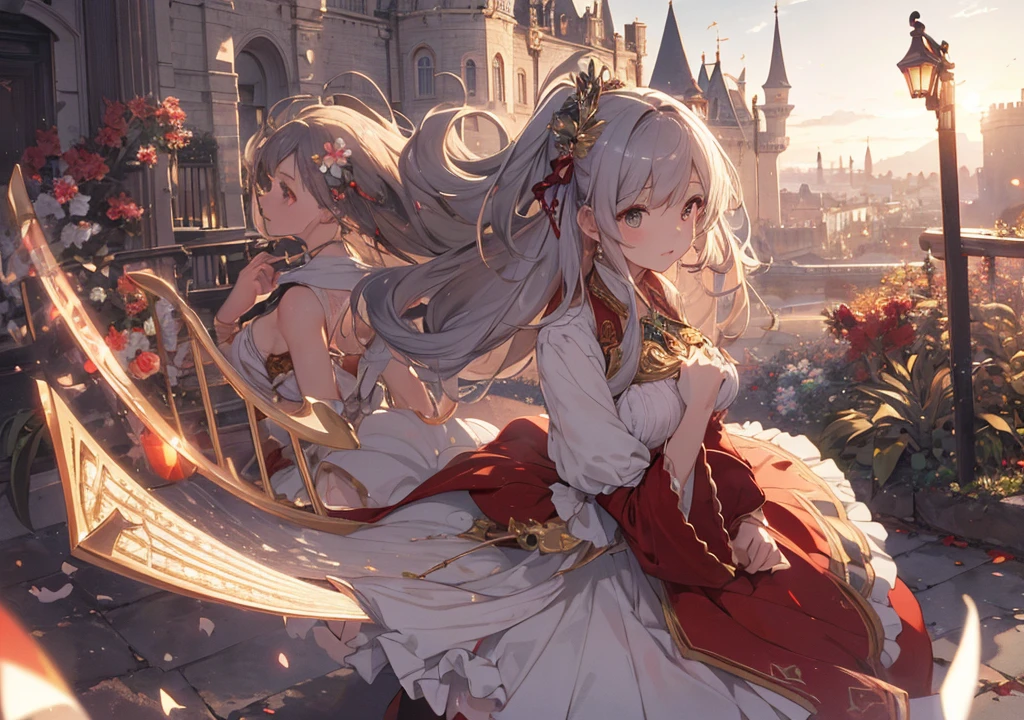 Realistic photos, Focus distance 10mm, Red and white, Beautiful girl, Realistic photos, Shooting at focus distance 10mm, masterpiece, 最high quality, high quality, Very detailed CG 8k wallpaper unit, Award-winning photography, Depth of written boundary, High resolution, bloom, chromatic aberration, Realistic, Very detailed, Art Station Trends, CGsociety Trends, Complex, High detail, dramatic, Art on the go, volumetric lighting, A beautiful girl in a Celtic outfit is playing a harp in front of a Disney-style castle. Her hair is long and blowing in the wind. In the background, fairies are flying around