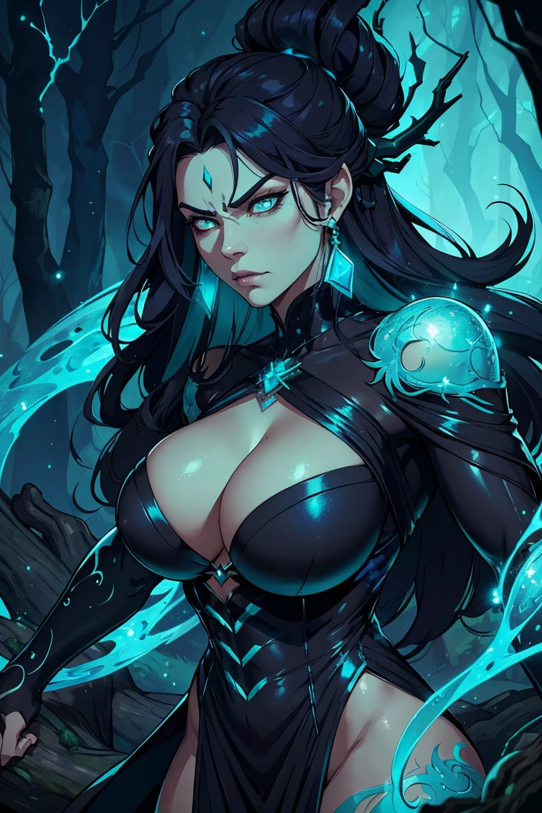 Maokai if he were a woman in life, tree, dark islands, mist, beautiful garment, wooden ornament, blue aura, nature spirit, consumed by anger, embodies vengeance, wicked, angry face, sparkling turquoise eyes, black outfit with turquoise sparkles.