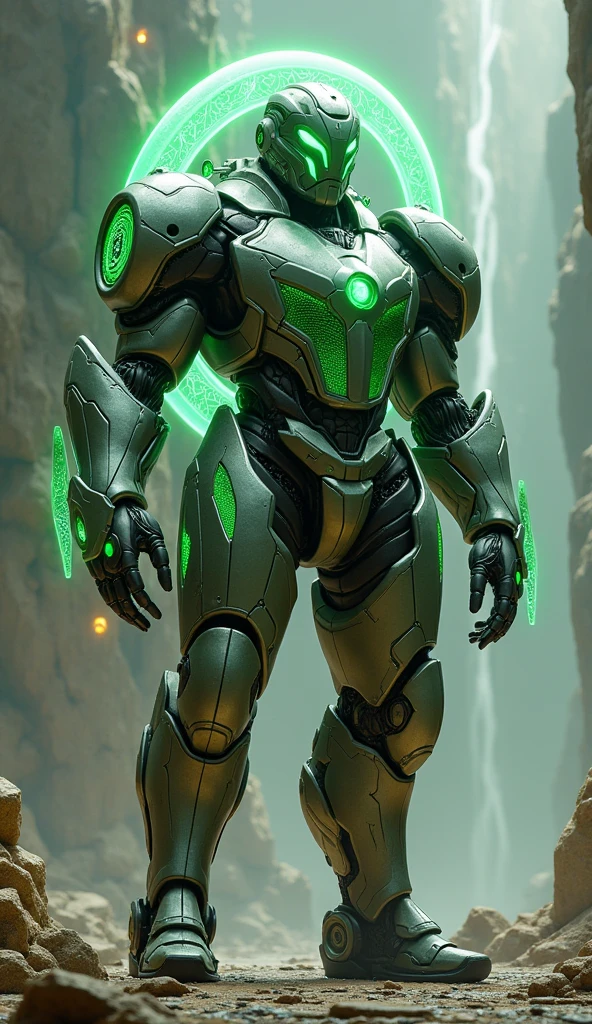 Create a full-body, advanced AI warrior avatar with a futuristic, high-tech appearance. The character should exude a powerful, imposing presence, blending elements of a humanoid robot and a mythical guardian. The armor should be elegant and complex, seamlessly integrating advanced technology. The color palette should include shades of green, bronze and silver, with bright accents to underline the character's energy and power. The character should have piercing green eyes and a radiant green aura, symbolizing his immense energetic powers. Incorporate elements of earth and metal into the design, giving the impression that the character exudes rocky textures and metallic reflections. Make sure the figure is visible from head to toe, standing confidently in a dramatic, high-tech environment. The backdrop should feature a "fusion" theme with elements of earth and advanced technology, suggesting a sense of grounded strength and protection, with metallic shards and earth elements merging harmoniously.
Translated with DeepL.com (free version)