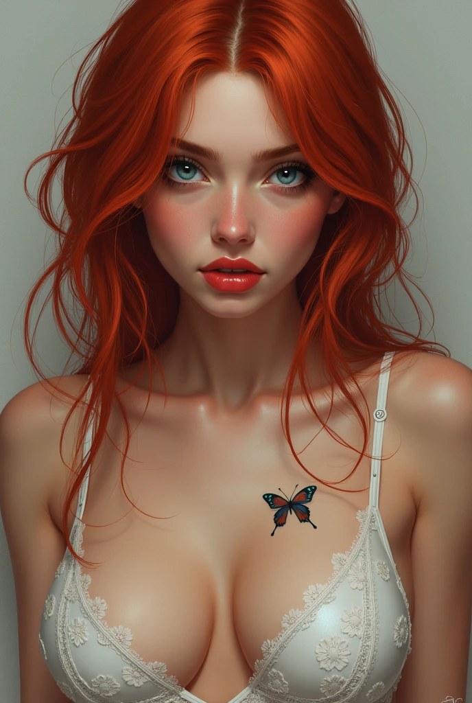 (masterpiece),(highly detailed)beautiful woman with beautiful lips,thick eyebrows,right eye blue,red hair,wearing a bra,left breast with butterfly tattoo,she is a north pole woman