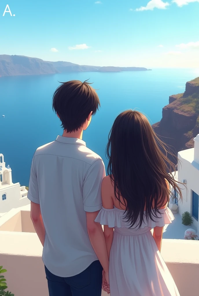Back view of a couple, tall boy with slightly long hair, white shirt, girl with long hair, off-shoulder dress, Santorini, sea view, boy is A, girl is J