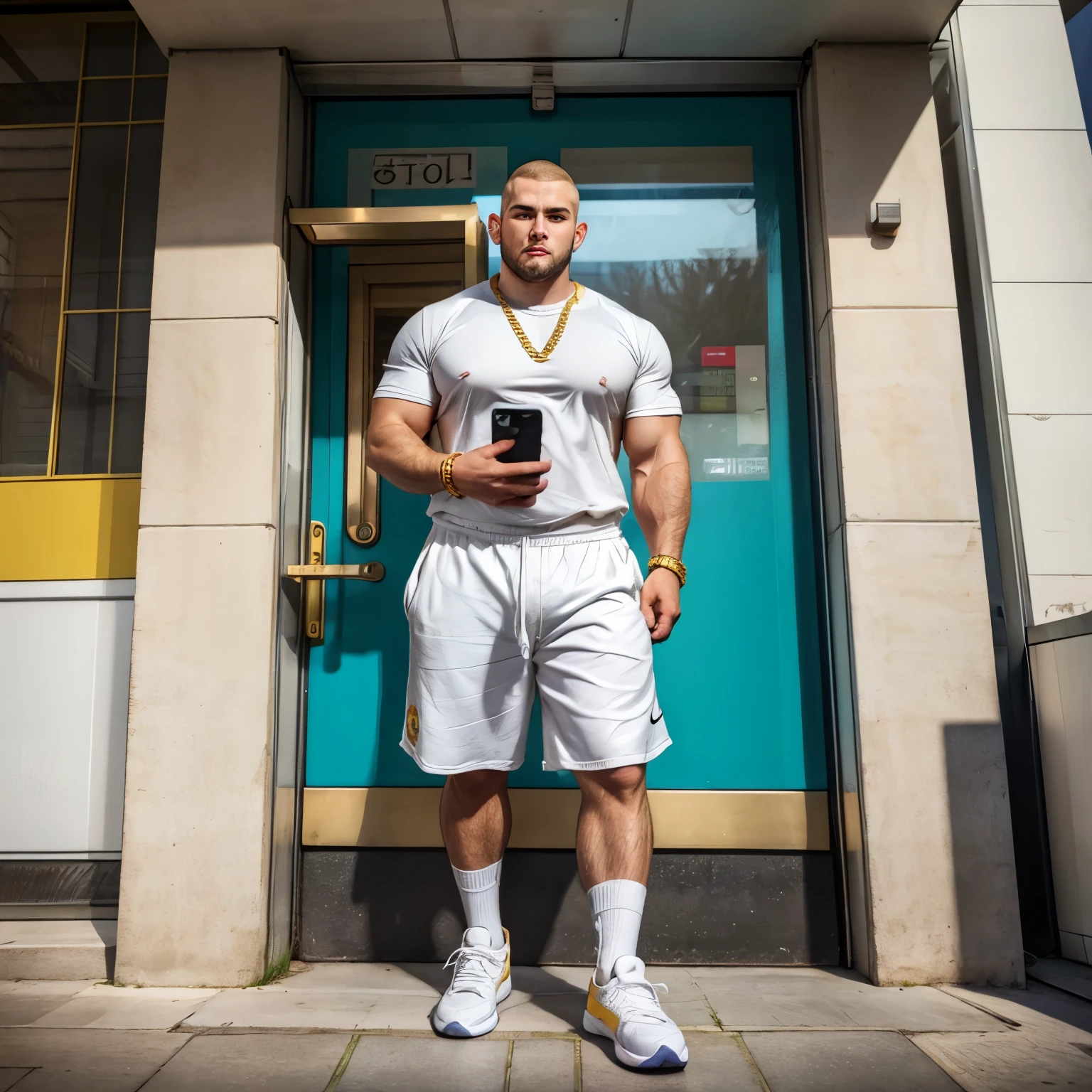 full view full body, very fat 26 yo blond handsome male chav with a very big paunch and thick chubby legs and a buzzcut and a huge septum gold piercing, golden sovereign rings, chunky golden bracelets and chains, Manchester white footbell jersy, white siny nylon shorts, Nike long high socks and chunly Jordan hi-top sneakers, arrogantly watching smartphone and walking in London North suburbia street next subway